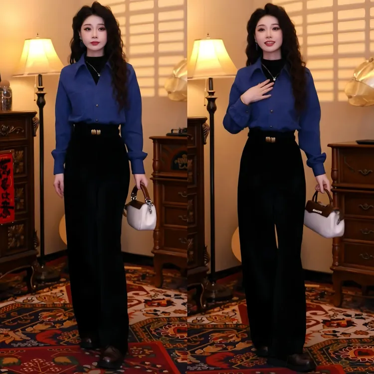 2025秋冬季新款港风复古气质拼接假两件长袖上衣高腰休闲裤两件套