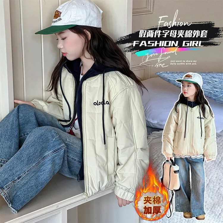 女童中大童2025新款加绒加厚时尚洋气学院风棉服宽松假两件外套