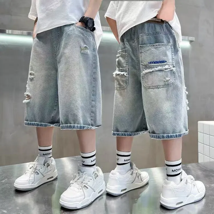 【帅气破洞】炸街痞帅2025新款儿童中大童韩版牛仔短裤9294