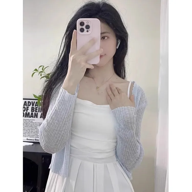 蓝色缕空防晒外搭针织开衫女夏季薄款小披肩冰丝外套罩衫短款上衣