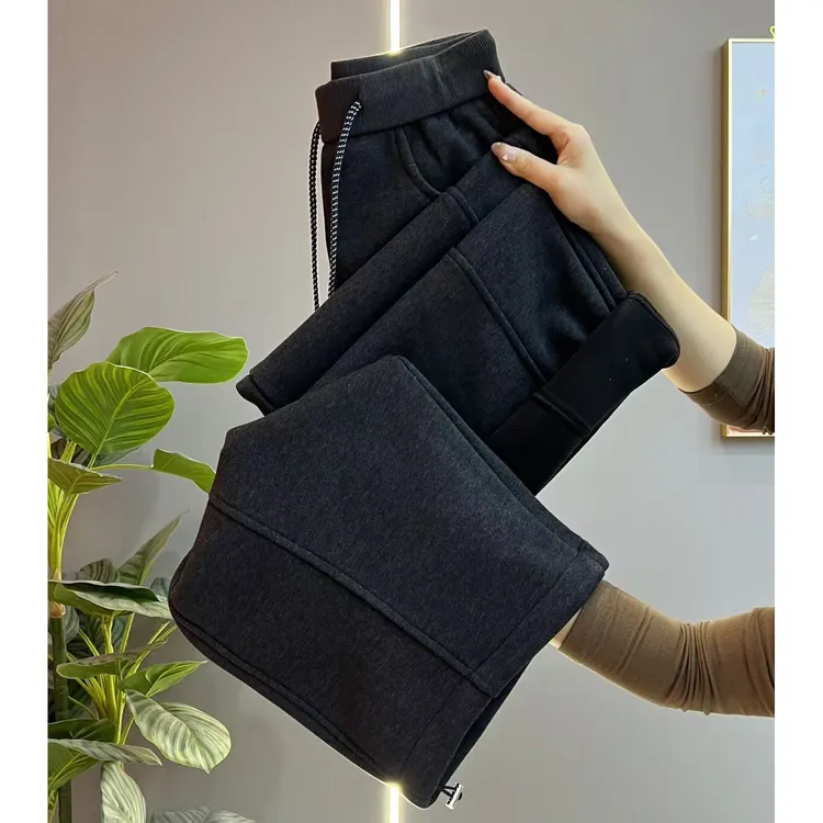 欧货加绒加厚弯刀阔腿裤女冬季新款高腰宽松直筒卫裤休闲运动裤