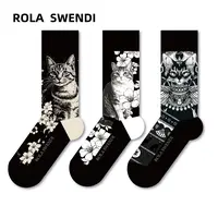 三双装ROLA SWENDI黑白猫咪秋季可爱风中筒袜休闲风法式女袜205