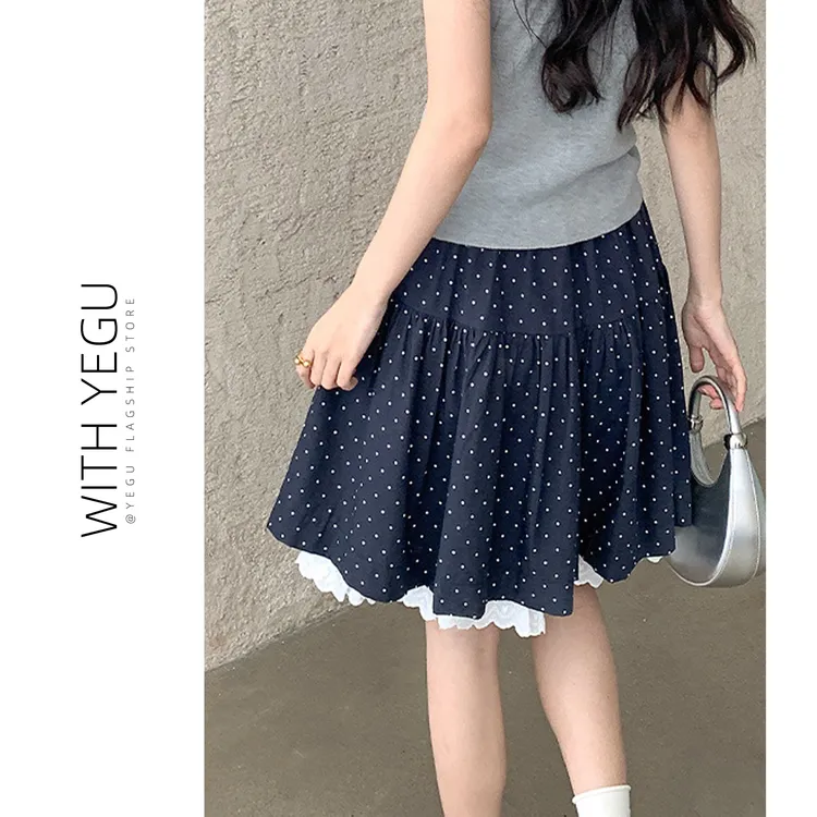 蓝色波点蛋糕短裙女夏季款高腰蕾丝花边拼接半身裙小个子a字中裙