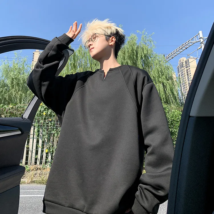  新款重磅卫衣休闲V领拼接长袖春秋男士纯色宽松百搭上衣服潮流