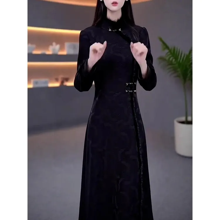 秋冬新款高端奢华新中式国风覆古加厚重工提花改良旗袍气质连衣裙