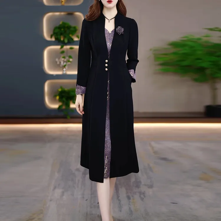 高档假两件连衣裙女春秋2025新款阔太太洋气高贵显瘦妈妈气质裙子