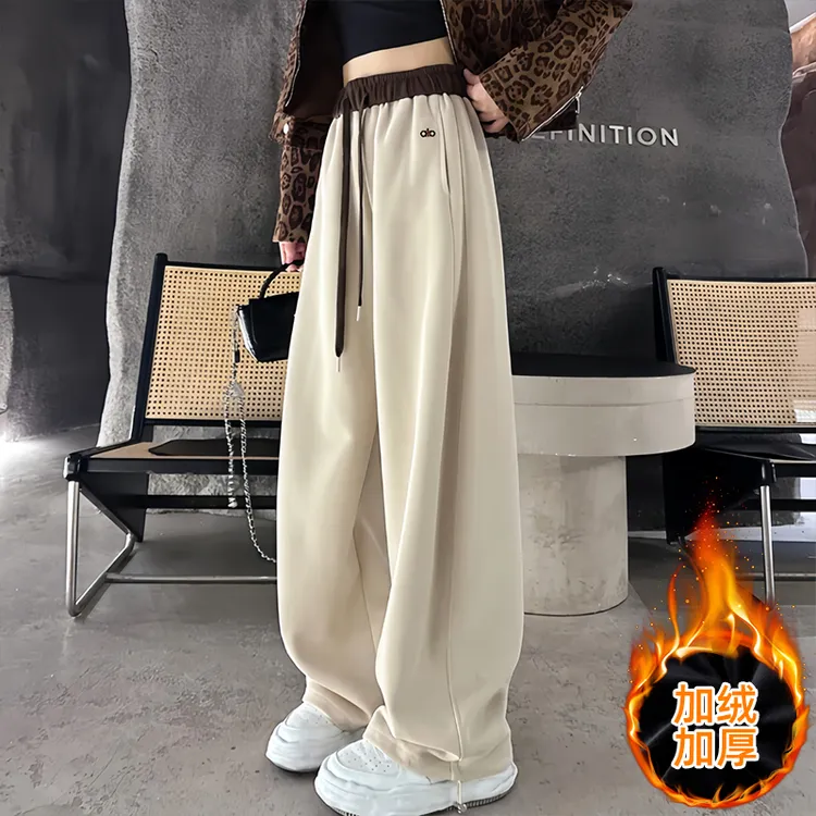 【运补5-8元】加绒加厚刺绣拼接美式休闲卫裤高腰直筒阔腿香蕉裤