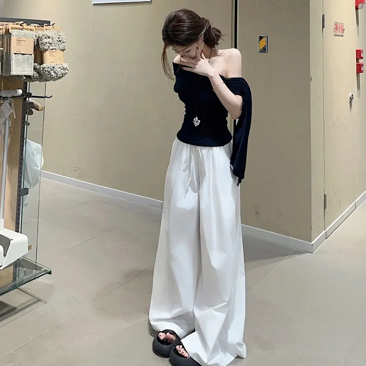 辣妹露肩绑带设计感小众上衣阔腿拖地裤2025夏季新款时尚两件套女
