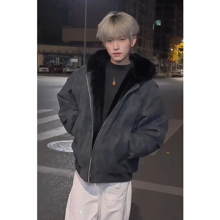 内里全绒座山雕外套男冬季加绒加厚毛茸茸棉衣棉服PU皮做旧扎染