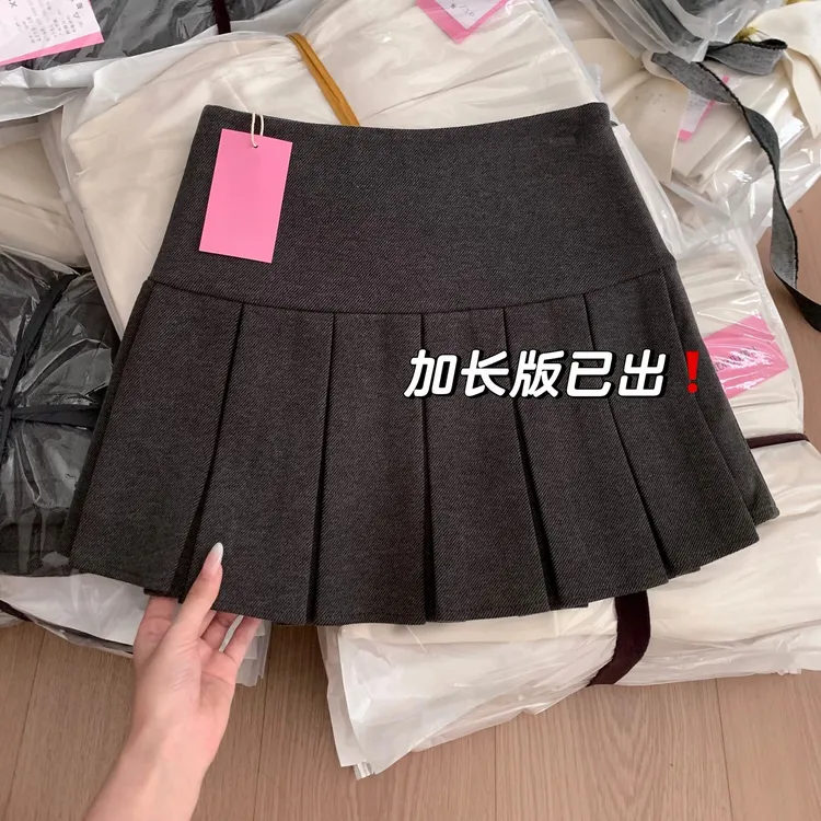 9323大码胖mm高腰毛呢百褶半身裙女秋冬学院风短裙子防走光A字裙