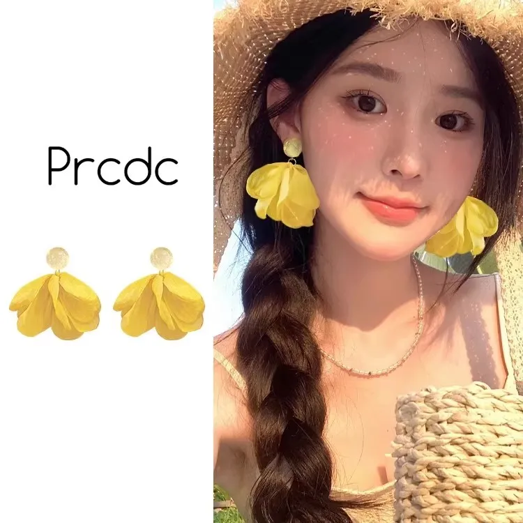 合金耳饰 森系甜美黄色花瓣耳环超仙气质雪纺耳钉海边沙滩耳饰