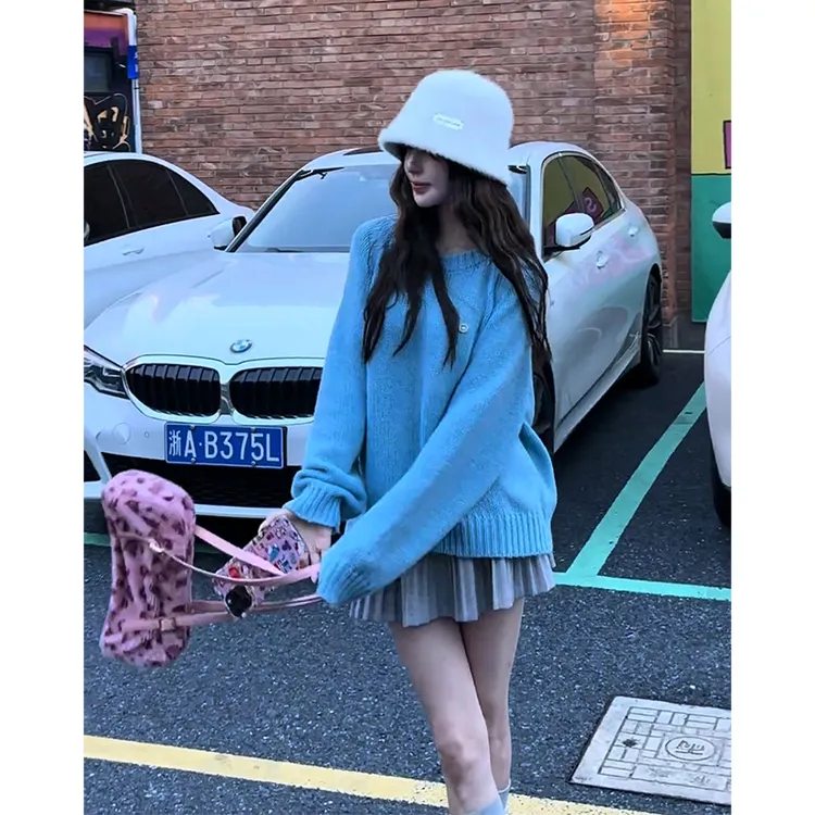 2025早秋新款女韩系穿搭圆领长袖针织毛衣上衣气质高腰百褶半身裙