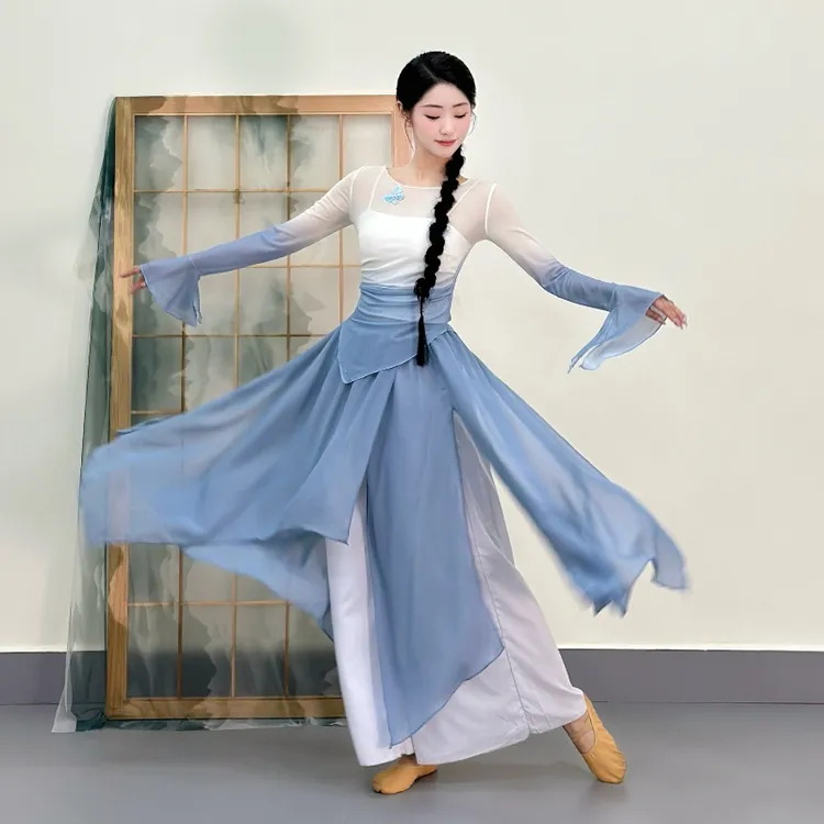 古典舞渐变蝴蝶古风飘逸喇叭袖纱衣练功服中国舞民族舞蹈服套装