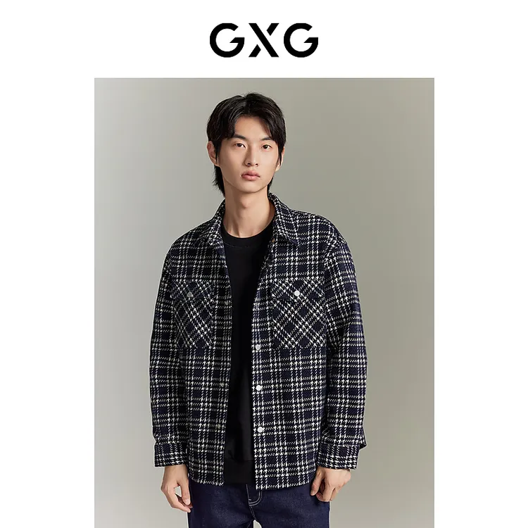 GXG男装 藏青格纹编织文艺小香风衬衫外套#GEX10315403