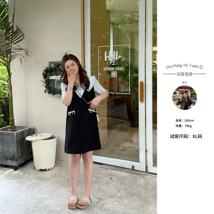 楠序【蓝海佳人】源子微胖女装夏装假两件休闲遮肉连衣裙女YZ36387