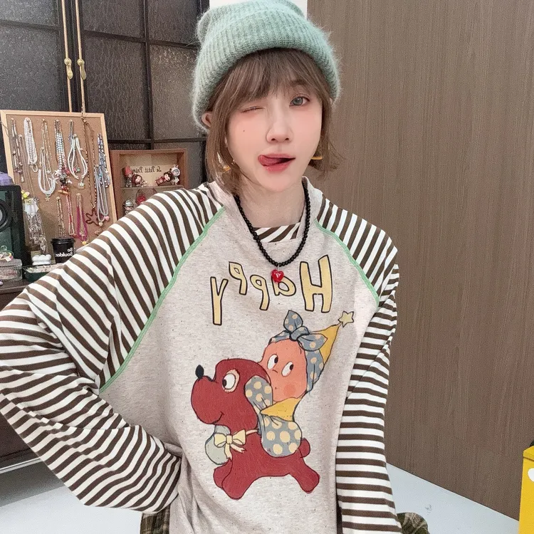 Apr.【小星星】秋季新款时尚条纹拼接插肩袖圆领数码印T恤女25ST530