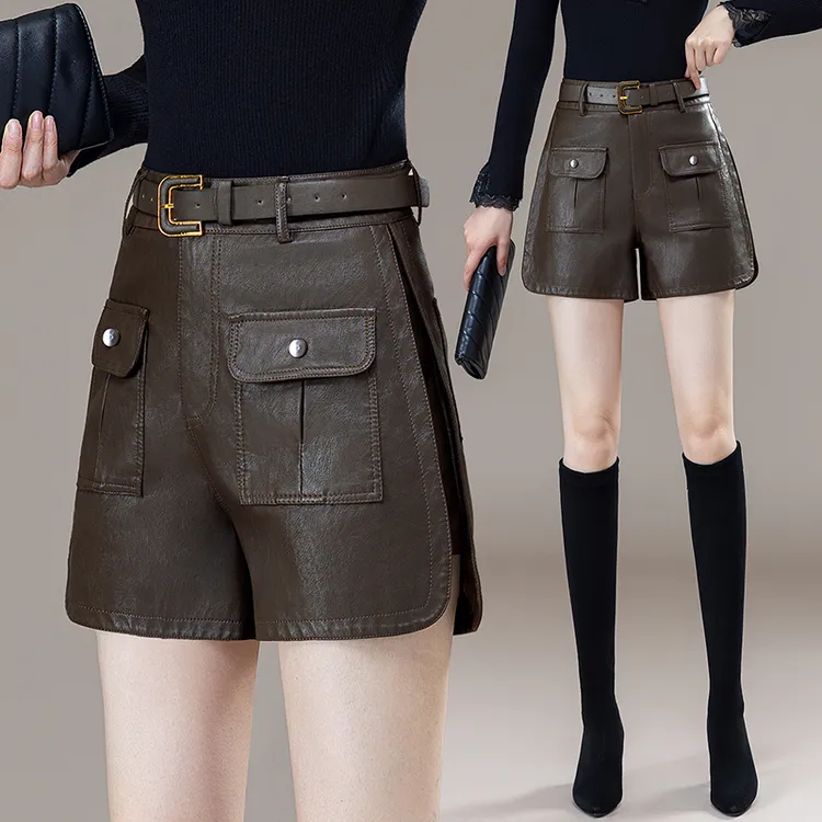 时尚PU皮短裤女休闲2025秋冬新款爆款显瘦高腰减龄配靴子四分裤子