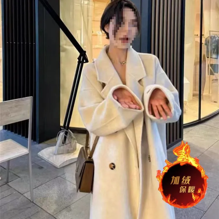 感燕麦色毛呢大衣女秋冬季小个子韩系中长款加绒加厚呢子外套