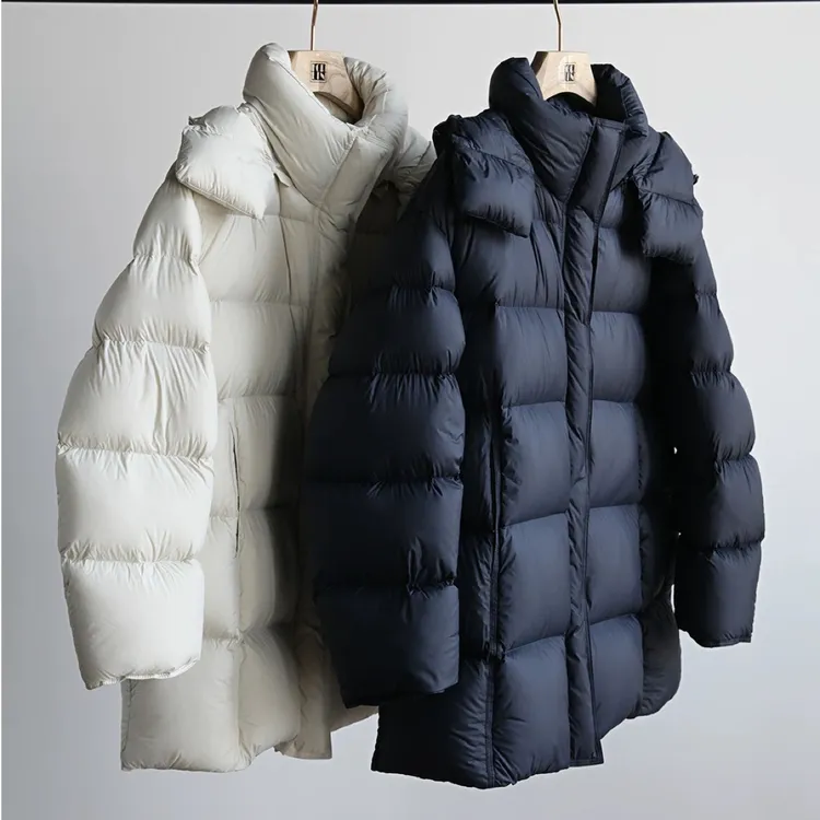 中长款90白鹅溯源泡芙料可拆卸连帽冬季加厚中长款羽绒服休闲宽松