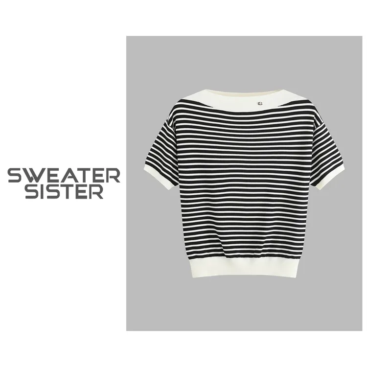 一字领条纹T恤宽松针织短袖上衣女031-9816