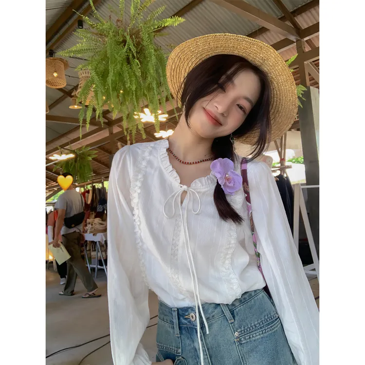 南法春日~法式系带花边领白衬衫女小个子别致温柔风衬衣