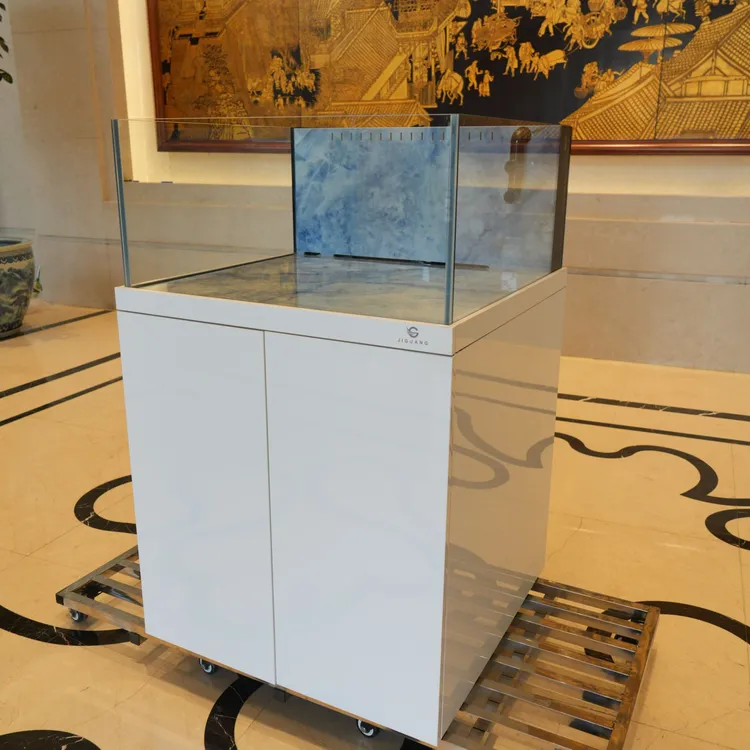 新款生态造景金鱼缸2代超白玻璃冰丝蓝岩板60/80方缸背溢流水族箱