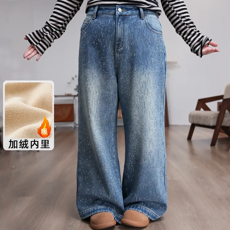 福饮沸别【满天星河】大码胖mm冬季加绒爆闪烫钻阔腿牛仔裤25115