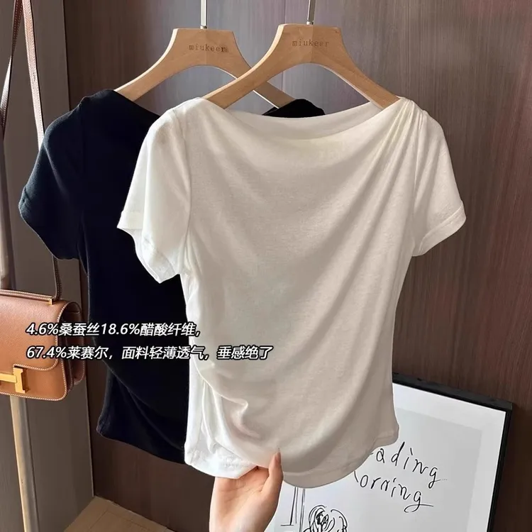 高质感别致真丝醋酸斜肩一字领短袖T恤女夏新款收腰莱赛尔小衫潮