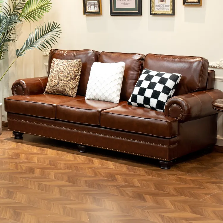 庄顿全真皮美式沙发经典款客厅咖啡色中古色三人位组合头层牛皮