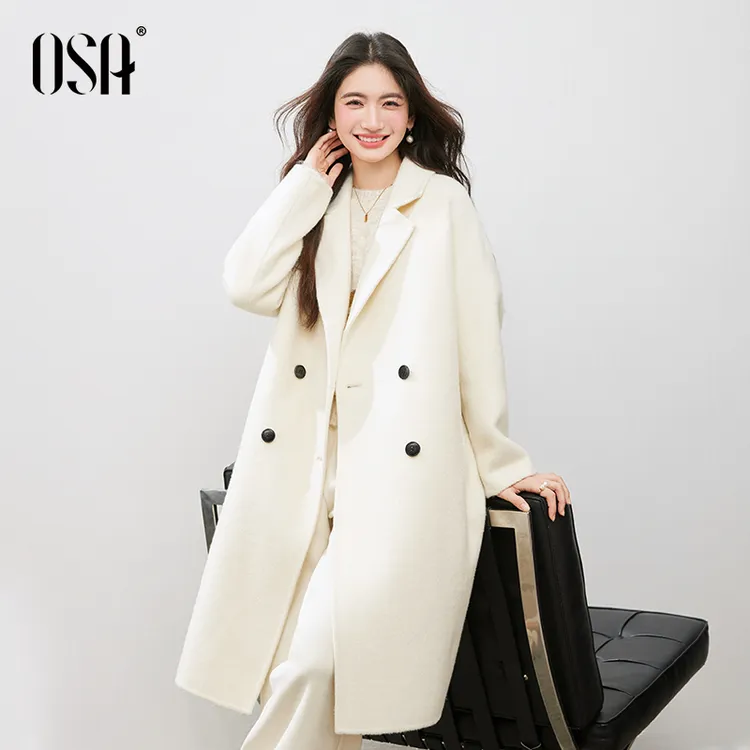 OSA/欧莎 双排扣毛呢外套含羊毛西装领长款双面呢大衣S125D21001