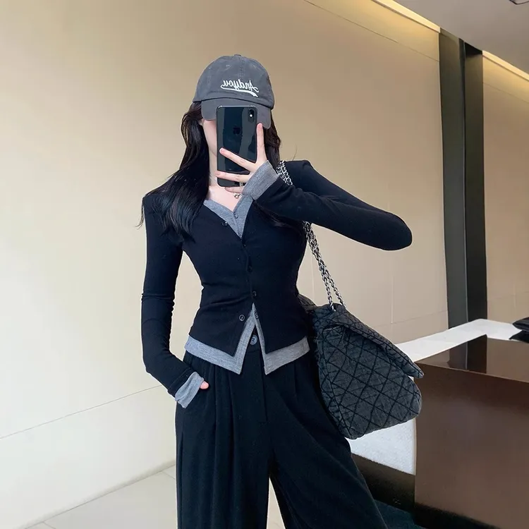 【260克莫代尔1x1】春秋洋气设计感假两件拼接开衫上衣女修身型秋季
