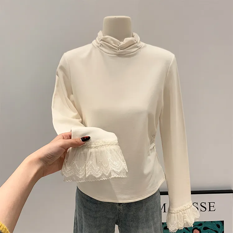 秋冬2025新款半高领钉珠长袖磨毛打底T恤女蕾丝拼接内搭上衣