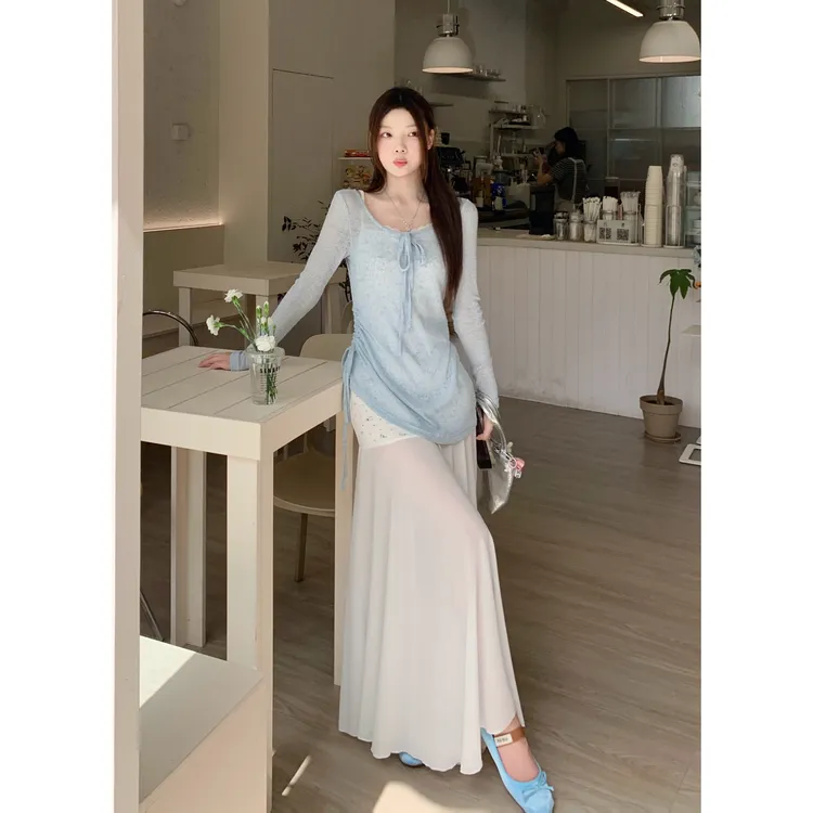 春夏气质甜美设感蕾丝碎花收腰显瘦仙气连衣裙子+罩衫