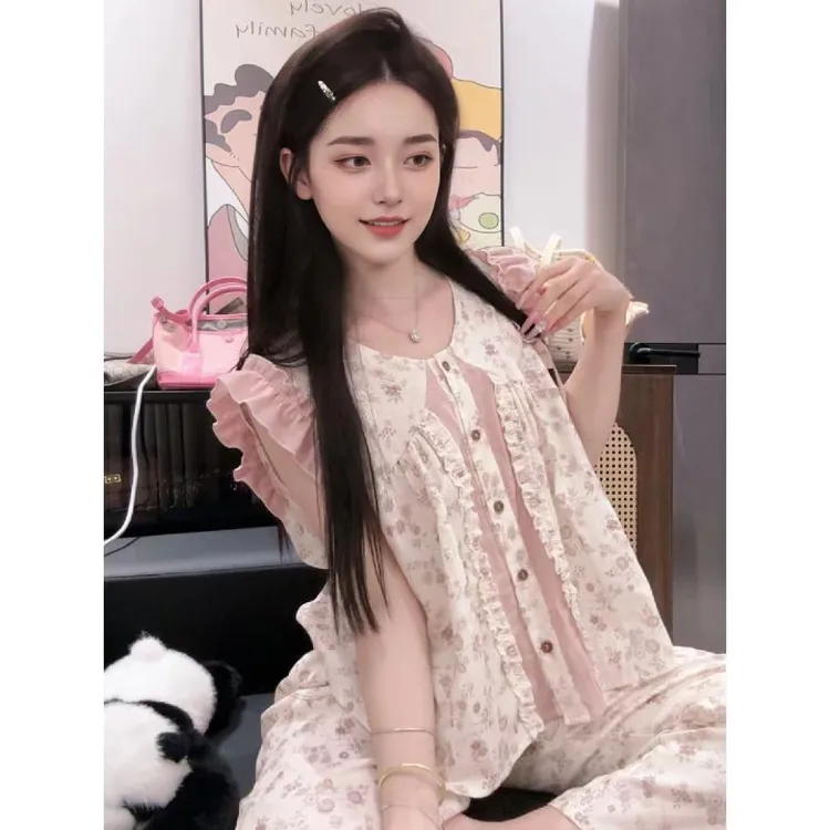 睡衣女夏季高级感甜美碎花女士带胸垫公主风无袖可外穿家居服套装