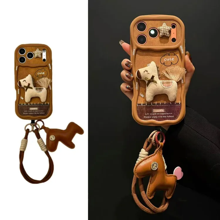 立体毛绒小马美拉德适用iPhone17promax苹果16手机壳15斜挎14软壳