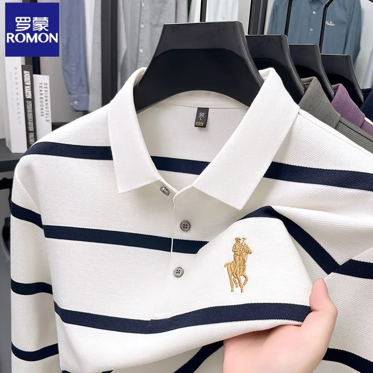 罗蒙春秋季新款条纹翻领长袖polo衫男士休闲商务打底衫T恤上衣男