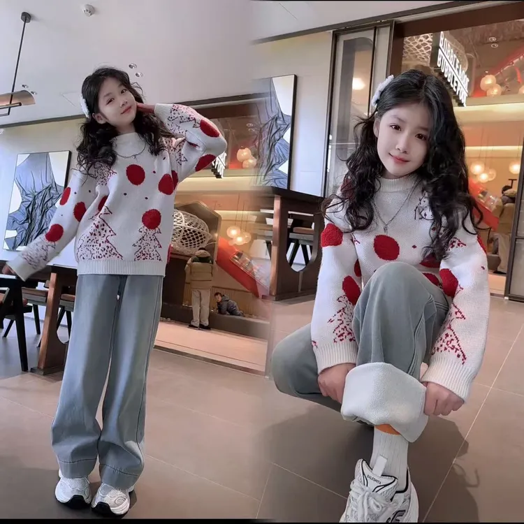 女童加厚毛衣2024冬季新款洋气套头针织衫女孩中大童时尚韩版毛衣