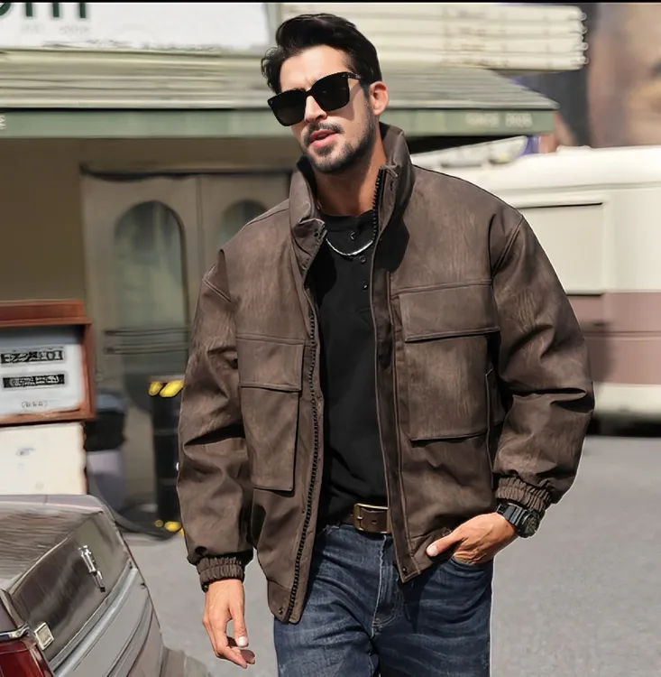 硬汉男士皮羽绒服立领潮牌时尚2025冬新款休闲大口袋美式复古加厚
