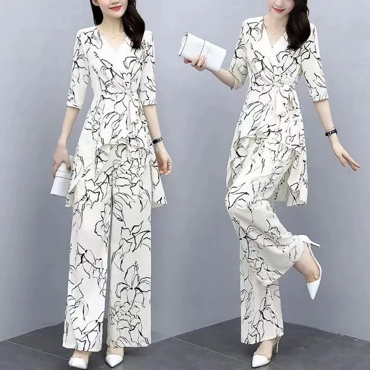 气质套装夏季2025大码新款阔腿裤洋气时尚雪纺衫宽松收腰显瘦两件