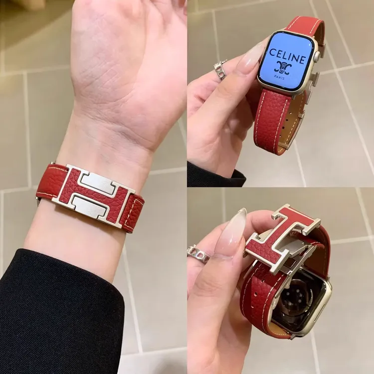 适用苹果手表iwatch表带H扣柔软荔枝纹磁吸扣男女秋冬皮质腕带