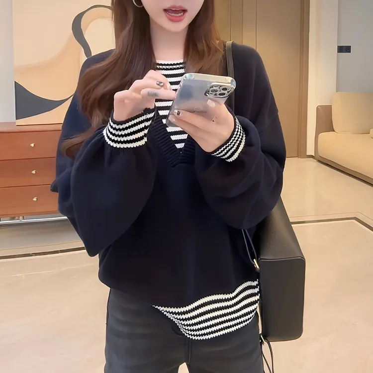 韩系氛围感穿搭条纹拼接假两件毛衣女春秋宽松慵懒高级感针织上衣