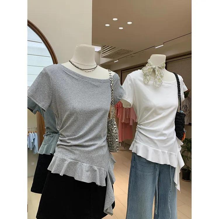 天鹅颈小露肩斜领短袖T恤女士不规则荷叶下摆收腰显瘦辣