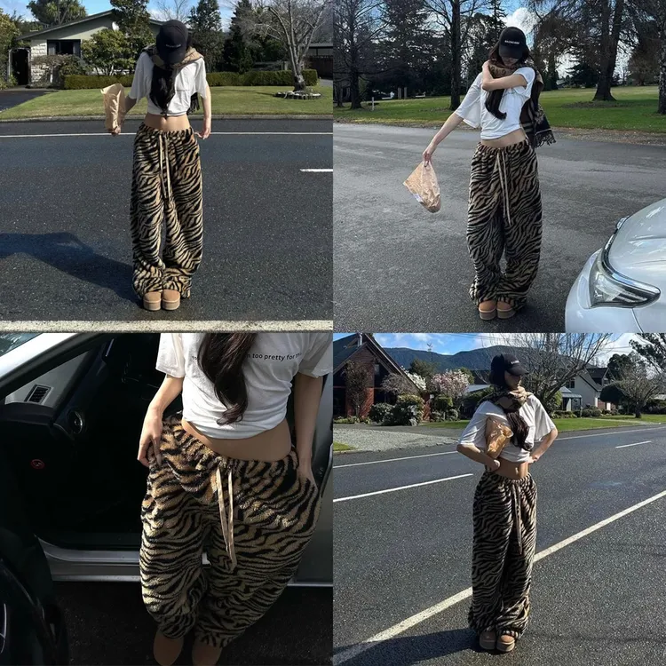 ins风韩女舒棉绒厚款辣妹虎纹休闲抽绳调节日常卫裤休闲裤