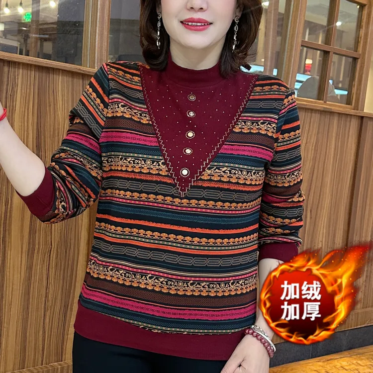 冬季加绒保暖圆领条纹蝴蝶结显瘦洋气妈妈装长袖上衣宽松休闲女装