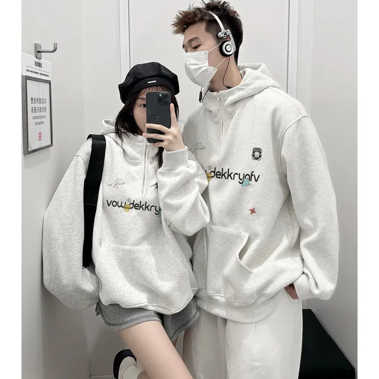 美式潮牌创意设计感字母印花休闲秋冬半拉链卫衣情侣连帽宽松上衣