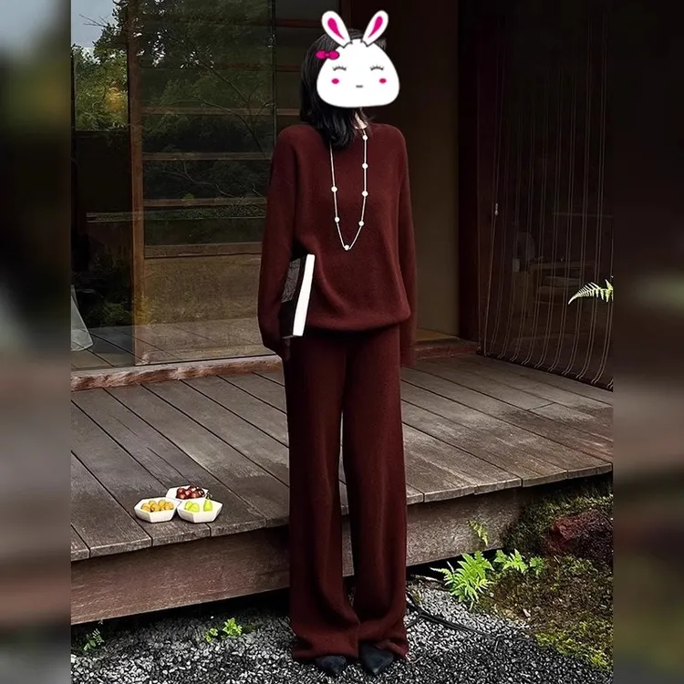 秋装搭配一整套2024新款女宽松洋气网红休闲运动针织阔腿裤两件套