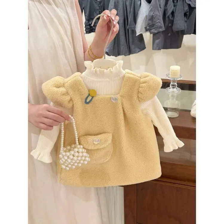 【高品质】女童加厚连衣裙秋冬款儿童羊羔毛背心裙女宝冬季公主裙