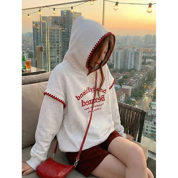 法国站特大码新年红字母刺绣连帽卫衣女加绒薄款休闲宽松胖人外套