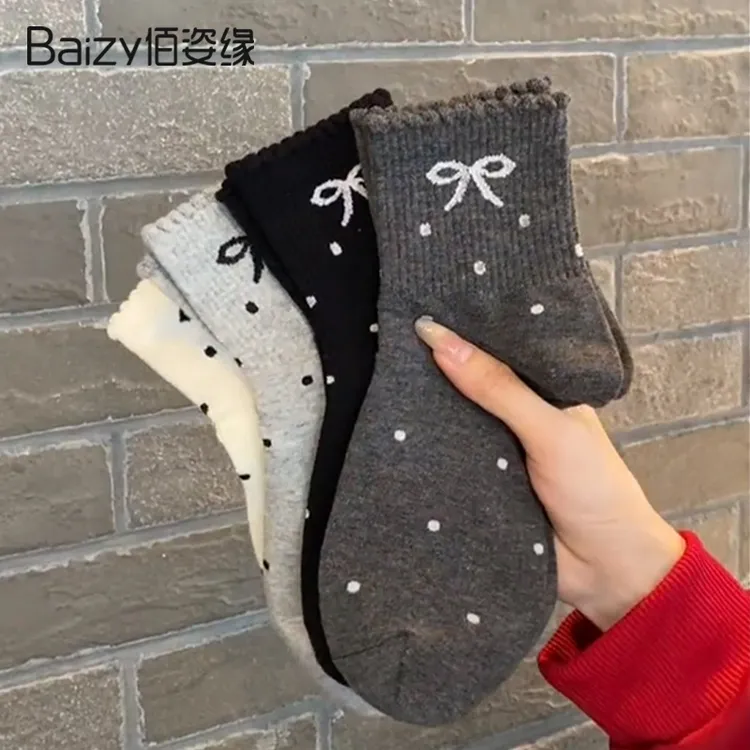 蝴蝶结袜子女棉质中筒袜春秋款防臭烟灰色波点甜美可爱夏季无骨袜
