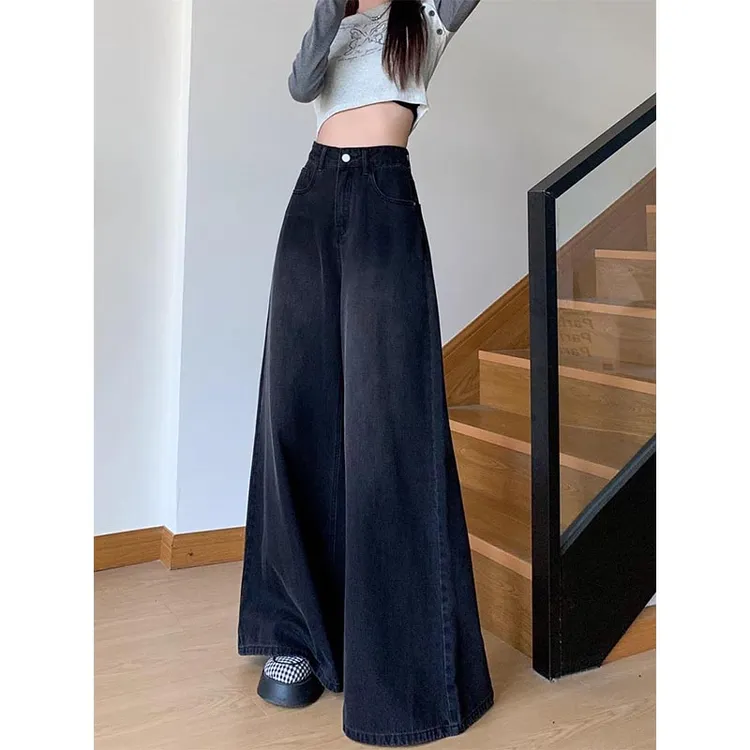 美式复古黑灰色高腰牛仔裤女春季宽松百搭显瘦垂感拖地阔腿长裤子
